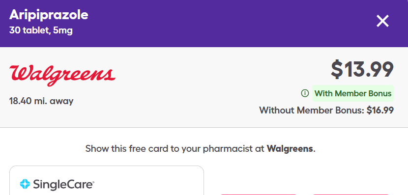 SingleCare pricing example at Walgreens